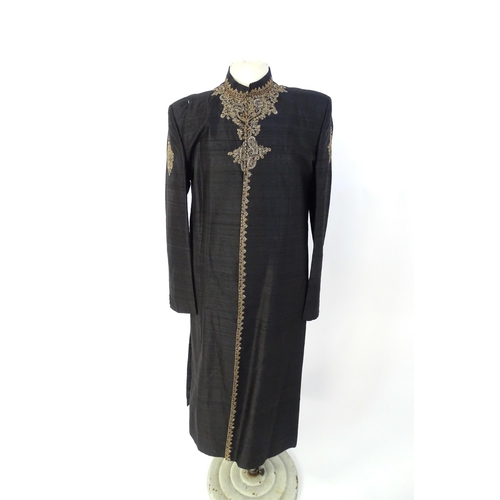 1390 - Vintage fashion / clothing: A black Indian Shirwani / tunic with embroidery and beadwork embellishme... 