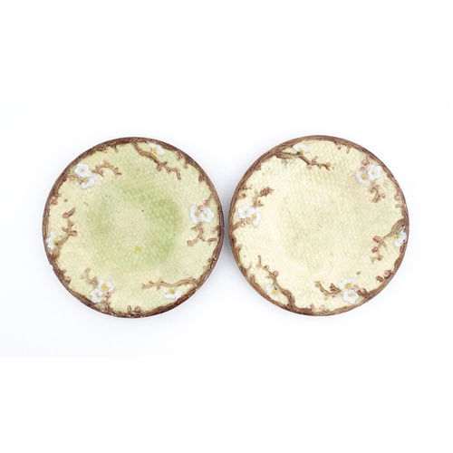 114 - Two Victorian majolica Holdcroft plates of circular form decorated with cherry blossom flowers. Appr... 