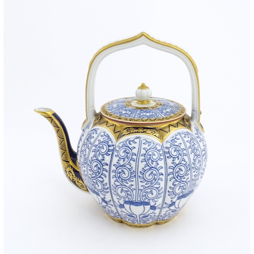 126 - A Victorian Worcester Aesthetic Movement blue and white teapot with fixed handle decorated in the Li... 