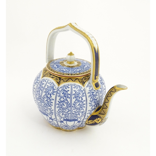 126 - A Victorian Worcester Aesthetic Movement blue and white teapot with fixed handle decorated in the Li... 