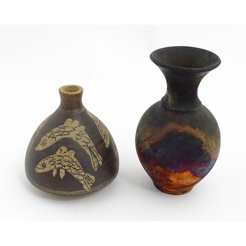 153 - Two items of studio pottery to include a Raku vase with a flared rim by Pat Armstrong, and a squat v... 