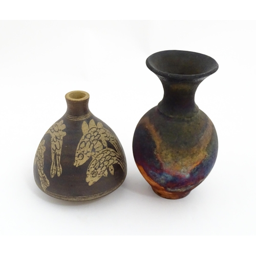 153 - Two items of studio pottery to include a Raku vase with a flared rim by Pat Armstrong, and a squat v... 