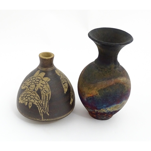 153 - Two items of studio pottery to include a Raku vase with a flared rim by Pat Armstrong, and a squat v... 