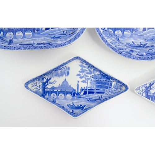 154 - A quantity of Spode blue and white dinner wares in the Rome / Tiber pattern to include plates / dish... 