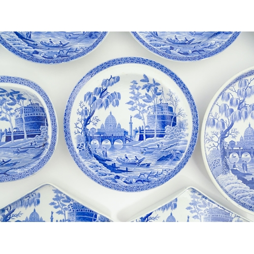 154 - A quantity of Spode blue and white dinner wares in the Rome / Tiber pattern to include plates / dish... 