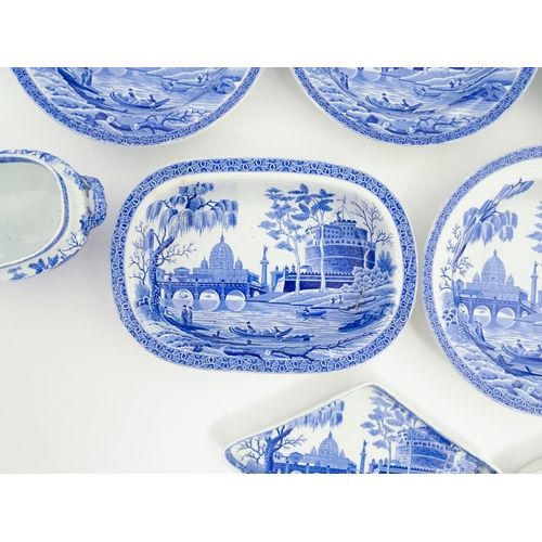 154 - A quantity of Spode blue and white dinner wares in the Rome / Tiber pattern to include plates / dish... 