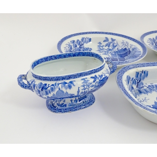 154 - A quantity of Spode blue and white dinner wares in the Rome / Tiber pattern to include plates / dish... 