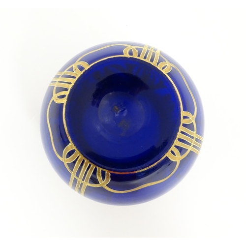 160 - An Art Nouveau blue glass vase with gilded detail, possibly by Moser. Approx. 5 1/4