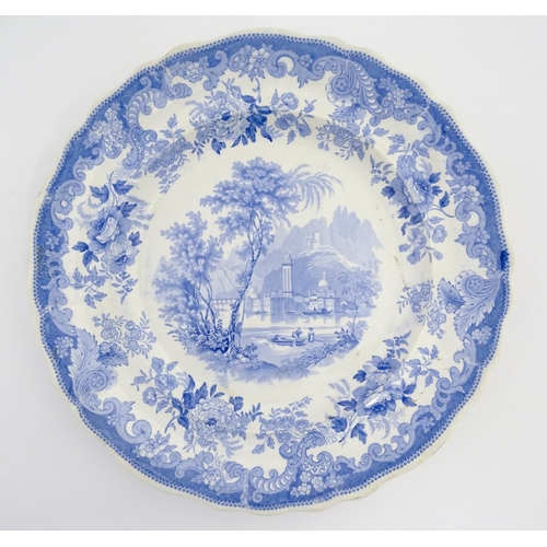 52 - A 19thC Davenport blue and white plate depicting a Rhine river view with figures, and mountains beyo... 