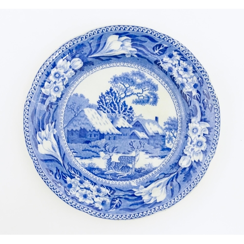 64 - A 19thC Rogers blue and white plate decorated in the Fallow Deer pattern. Impressed marks under. App... 