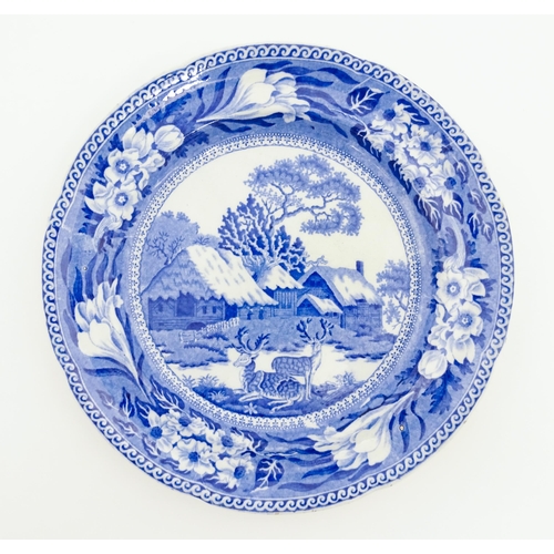 64 - A 19thC Rogers blue and white plate decorated in the Fallow Deer pattern. Impressed marks under. App... 