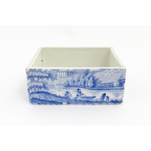 69 - A 19thC blue and white box / dish of rectangular form decorated in the Nuneham Courtenay pattern. Ap... 