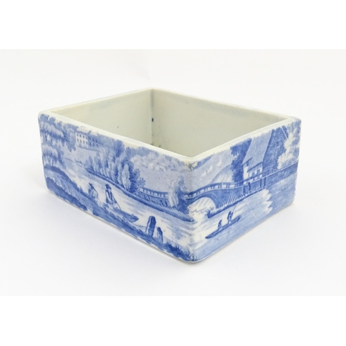 69 - A 19thC blue and white box / dish of rectangular form decorated in the Nuneham Courtenay pattern. Ap... 