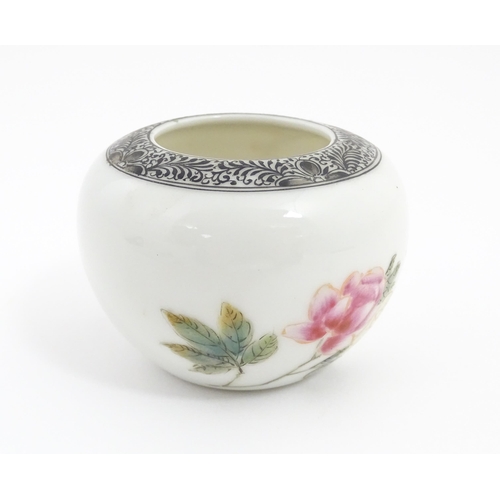 8 - A Chinese brush washer pot decorated with a bird with flowers and foliage. Character marks under. Ap... 