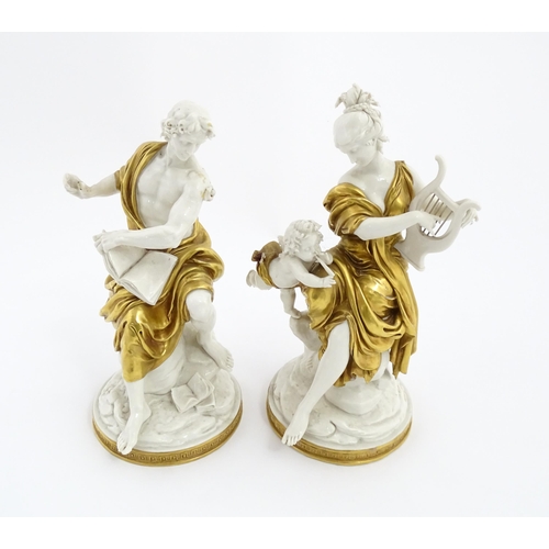 98 - A pair of Italian Capodimonte classical figures, one depicting a woman playing a lyre, the other dep... 