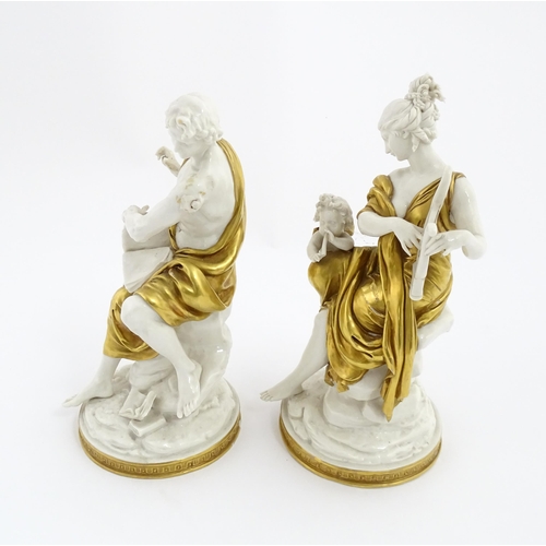 98 - A pair of Italian Capodimonte classical figures, one depicting a woman playing a lyre, the other dep... 