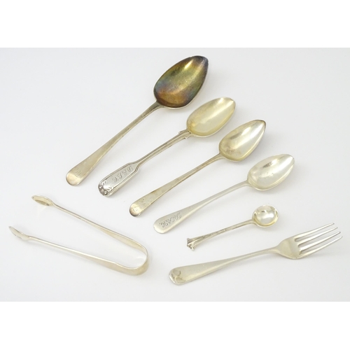 320 - Assorted silver items to include sugar tongs hallmarked Sheffield 1914 maker James Dixon & Sons. An ... 