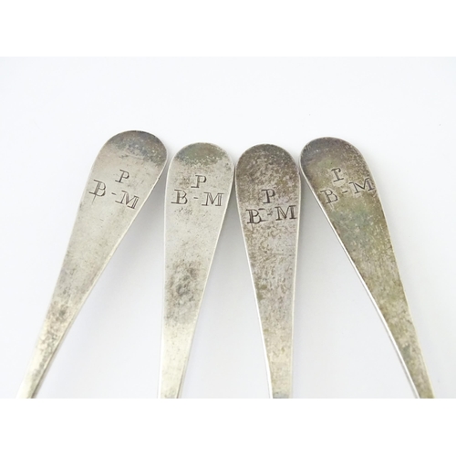 330 - A set of four Geo III old English tea spoons, hallmarked London 1785 maker Samuel Godbehere. Approx ... 