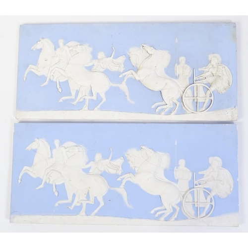 122 - Two frieze panels / plaques in the Wedgwood Jasperware style with relief decoration depicting a styl... 