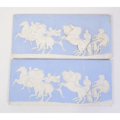 122 - Two frieze panels / plaques in the Wedgwood Jasperware style with relief decoration depicting a styl... 