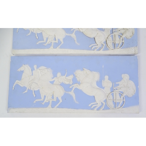 122 - Two frieze panels / plaques in the Wedgwood Jasperware style with relief decoration depicting a styl... 