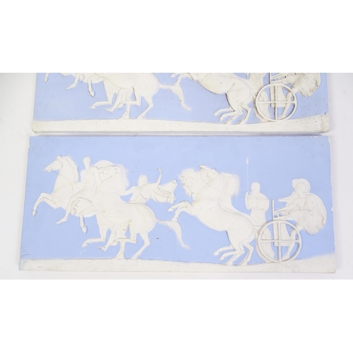 122 - Two frieze panels / plaques in the Wedgwood Jasperware style with relief decoration depicting a styl... 