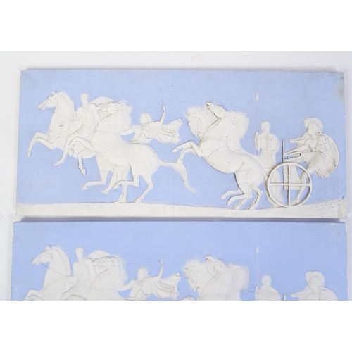 122 - Two frieze panels / plaques in the Wedgwood Jasperware style with relief decoration depicting a styl... 