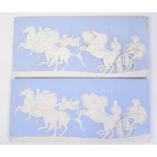 122 - Two frieze panels / plaques in the Wedgwood Jasperware style with relief decoration depicting a styl... 