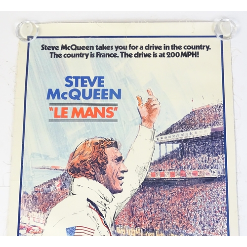 972 - A 20thC cinema promotional poster for the 1971 Steve McQueen film 'Le Mans', on linen backing, appro... 