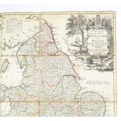 982 - Map: An 18thC engraved map of England and Wales, laid on linen and sectionalised with slip cover. En... 