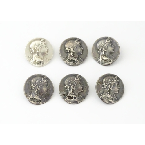 428 - Six silver buttons with Art Nouveau decoration depicting a Classica Maiden, hallmarked London 1908, ... 