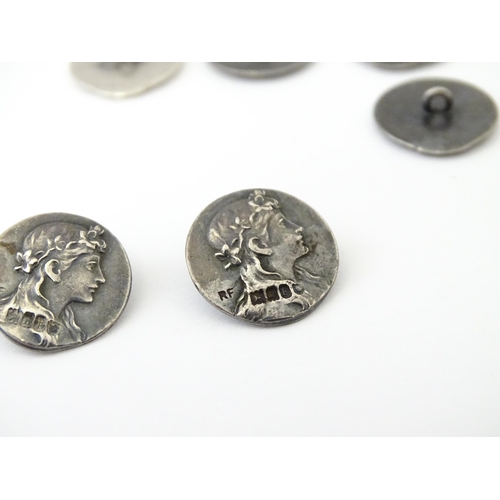 428 - Six silver buttons with Art Nouveau decoration depicting a Classica Maiden, hallmarked London 1908, ... 