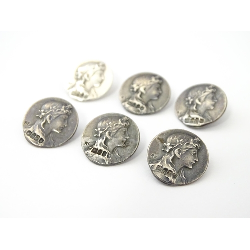 428 - Six silver buttons with Art Nouveau decoration depicting a Classica Maiden, hallmarked London 1908, ... 