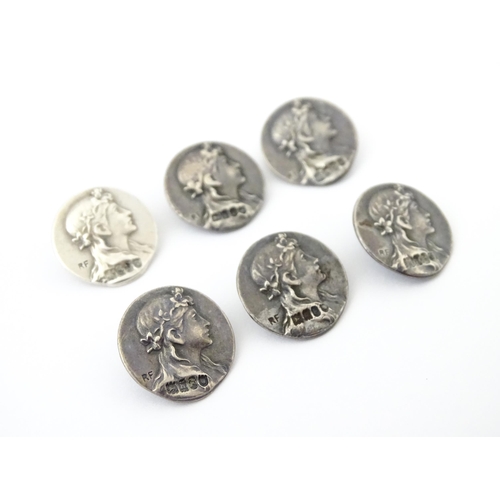 428 - Six silver buttons with Art Nouveau decoration depicting a Classica Maiden, hallmarked London 1908, ... 