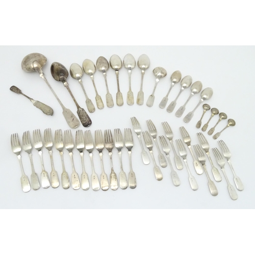 441 - A quantity of Colonial Indian white metal Fiddle pattern cutlery / flatware, maker Hamilton & Co. st... 