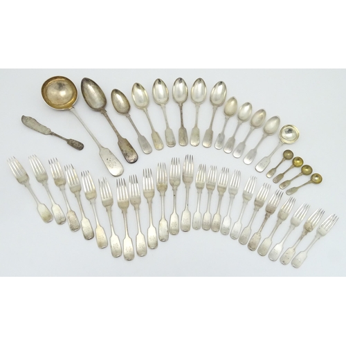 441 - A quantity of Colonial Indian white metal Fiddle pattern cutlery / flatware, maker Hamilton & Co. st... 