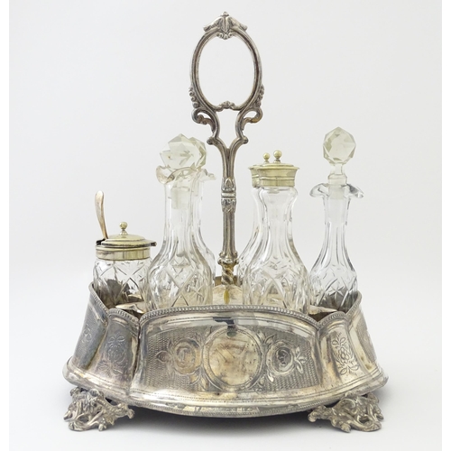 515 - A silver plate cruet stand with six various cut glass cruet bottles. Approx. 12