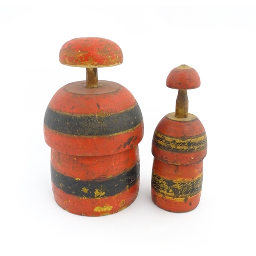 1041 - Two Sudanese turned wooden huqq containers with polychrome decoration. Largest approx. 13