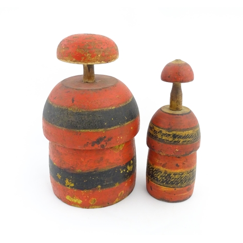 1041 - Two Sudanese turned wooden huqq containers with polychrome decoration. Largest approx. 13