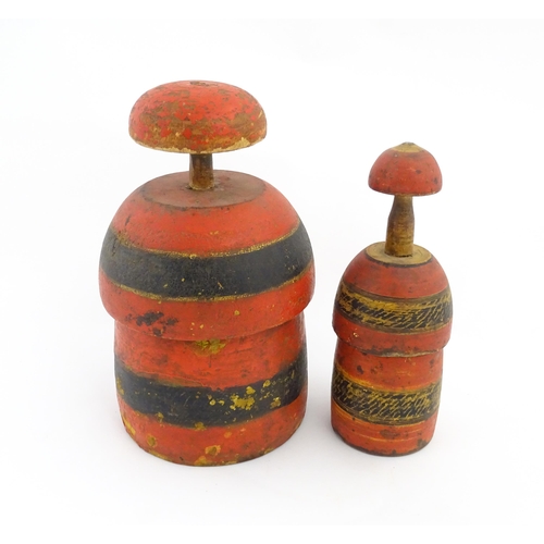 1041 - Two Sudanese turned wooden huqq containers with polychrome decoration. Largest approx. 13