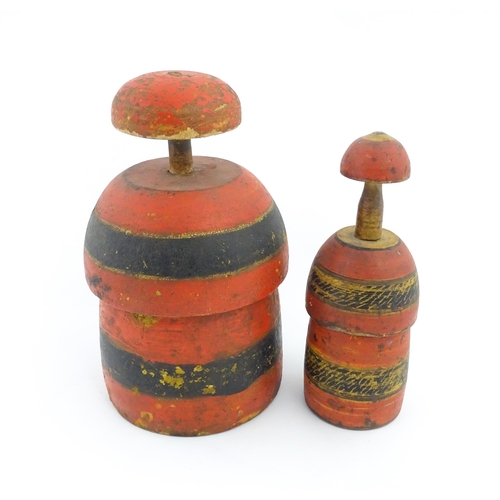 1041 - Two Sudanese turned wooden huqq containers with polychrome decoration. Largest approx. 13