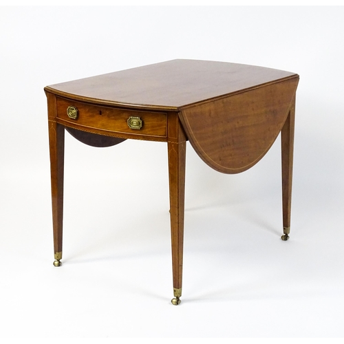 1577 - An early 19thC mahogany Pembroke table with a satinwood strung top above a single frieze drawer rais... 