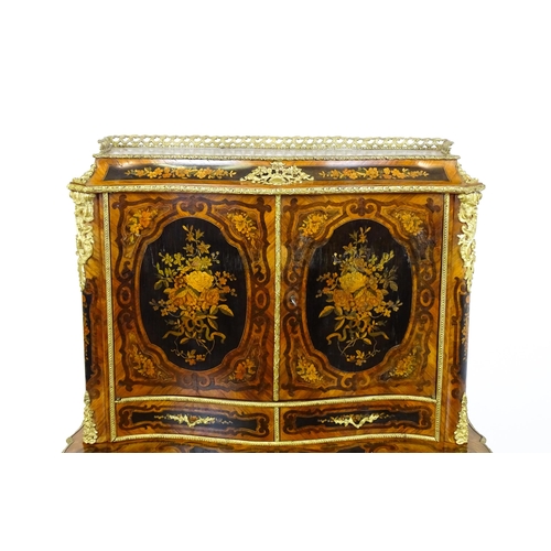 1582 - A 19thC kingwood Bonheur du jour surmounted by a brass gallery and having a profusely inlaid frame, ... 