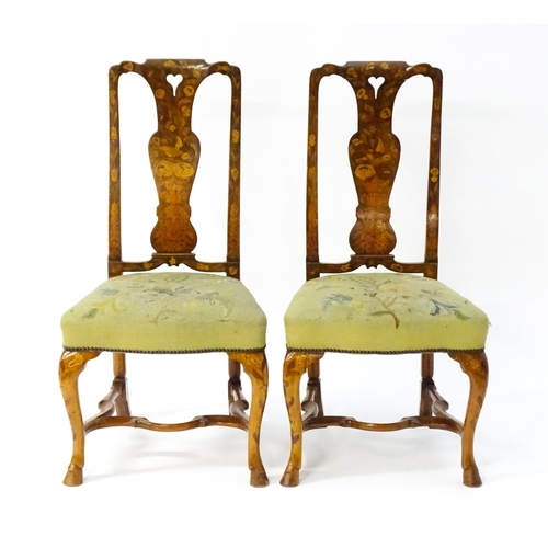 1683 - A pair of early / mid 18thC Dutch side chairs with profusely inlaid walnut frames, the satinwood mar... 