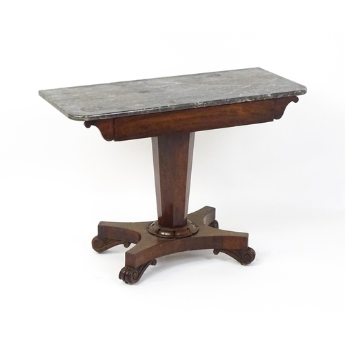 1734 - A 19thC marble topped side table with a canted pedestal above four scrolled feet. 38