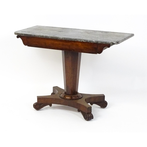 1734 - A 19thC marble topped side table with a canted pedestal above four scrolled feet. 38