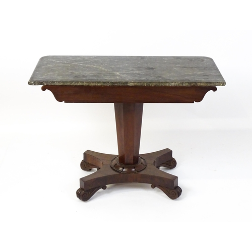 1734 - A 19thC marble topped side table with a canted pedestal above four scrolled feet. 38