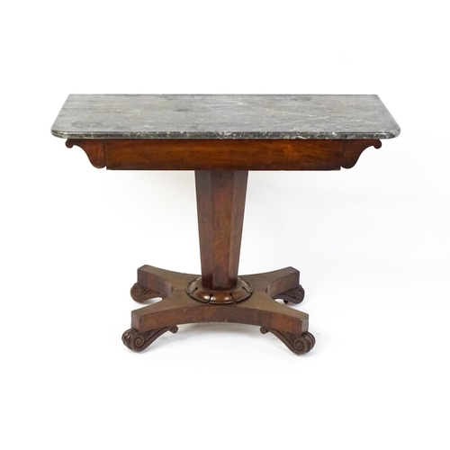 1734 - A 19thC marble topped side table with a canted pedestal above four scrolled feet. 38