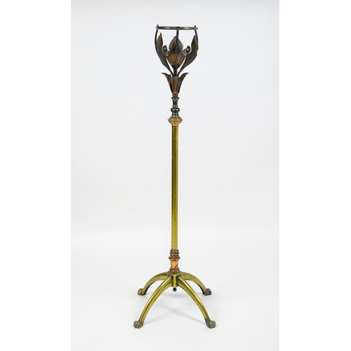 1531 - WAS Benson : An Arts & Crafts brass and copper telescopic oil lamp stand with foliate detail and qua... 