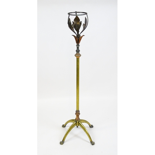 1531 - WAS Benson : An Arts & Crafts brass and copper telescopic oil lamp stand with foliate detail and qua... 